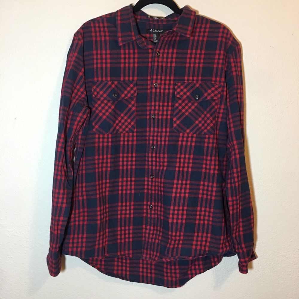 Forever 21 Men red blue plaid button up shirt eef